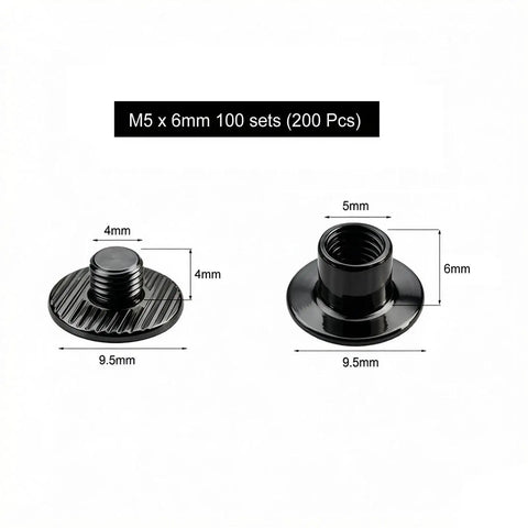 Hella Durable Chicago Screws 200 Pieces Black Flathead Leather Rivets For Bags Belts And Photo Albums Quick Twist Setup Tight Grip Smooth Finish Real Talk Best Gear For Any Leather Craft Project 5Mm X 6Mm, showing two black flathead connectors with dimensions.