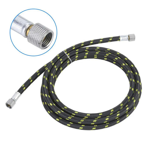 Super Chill Hella Flexible Braided Air Hose And Durable Rubber Tube With Spray Pen Adapter For Zero Kink Airbrush Extension Smooth Paint Flow One Eighth Inch Six Feet Long with textured black and yellow design.