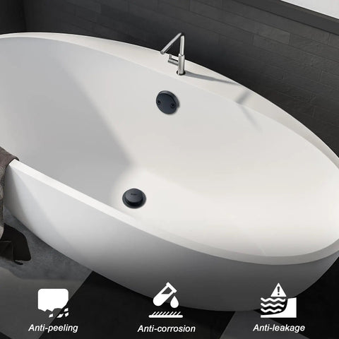 Top Shelf All Metal Bathtub Drain Stopper Kit Featuring Tip Toe Kick Down Plug And Universal Two Hole Overflow Faceplate installed on a modern white bathtub.