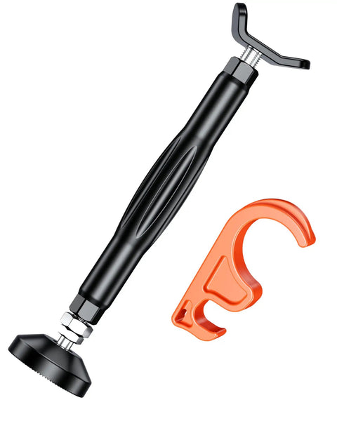 Motorcycle Wheel And Chain Cleaning Stand With Adjustable Height, black handle and orange hook attachment on a white background