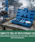 Bad Ass Nine Piece Mini Bearing Puller Separator Set Fits Gears Wheels Fittings Off Shafts For Auto Work Includes Beam Separator Jaw Thrust Screw Extension Rods Great For Quick Fixes And Heavy Duty Jobs Around Your Shop Get Yours Soon., blue steel mini bearing puller set in case on workbench, for gear and bearing removal