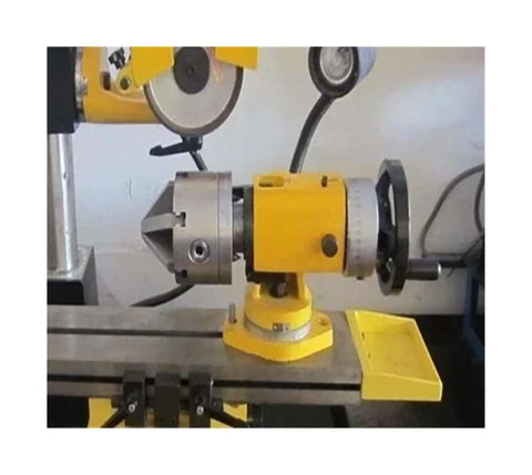 Heavy Duty Six Claw Electric Grinder For Sharpening Drill Bits And End Mills With Adjustable Angle Head and Straight Up Reliable Performance For Diy Crews And Pro Shops Nationwide, showing yellow sharpener with six claws.