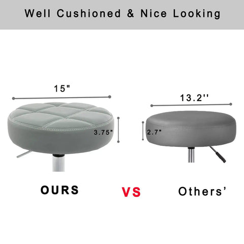 Comparison of Ultra Cushioned Rolling Stool with Swivel Wheels and Foot Rest, 15-inch seat vs others' 13.2-inch seat size.