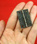 Antique Bronze Small Hinges Set 2 Pcs Engraved Decorative Hinges for Wooden Boxes Jewelry Boxes Dollhouses held in hand
