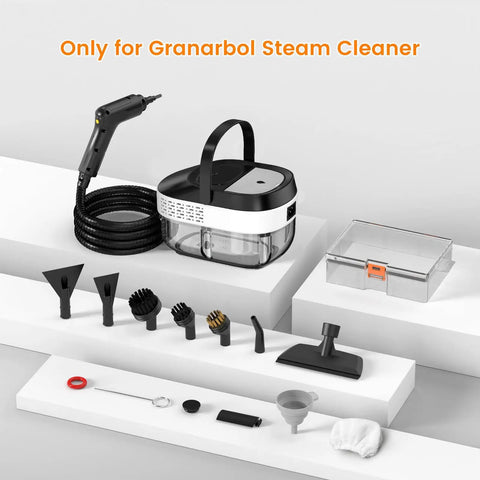 18 Piece Top Shelf Steam Cleaner Accessory Kit Straight Up Solid Build featuring no sweat handheld mop attachments on display.