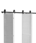 Heavy Duty Bi Folding Sliding Barn Door Hardware Track Kit Fits Four 15 Inch Closet Pantry Or Laundry Doors With Smooth Quiet Operation Easy To Install And Supports Up To 330 Lbs For Commercial And Home Use showing white shutter doors on black track