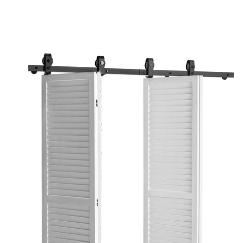 Heavy Duty Bi Folding Sliding Barn Door Hardware Track Kit Fits Four 15 Inch Closet Pantry Or Laundry Doors With Smooth Quiet Operation Easy To Install And Supports Up To 330 Lbs For Commercial And Home Use showing white shutter doors on black track