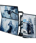 Heavy Duty No Drill Monitor Mount With Inverted Desktop Stand For Slick Screen Upgrades And No Sweat Setup Brackets, dual screens with graphic designs.