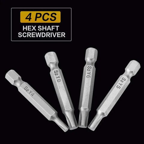 Kickstart Your DIY Game With This 4PCS Y-Type Screwdriver Bit Set, Featuring Heavy-Duty Chrome Alloy Steel That Never Strips And Fits Standard 1/4 Inch Cordless Drills For Secure Security Fastening Jobs. 4-piece Y-type hex shaft bits, Y4 Y5 Y6 Y8