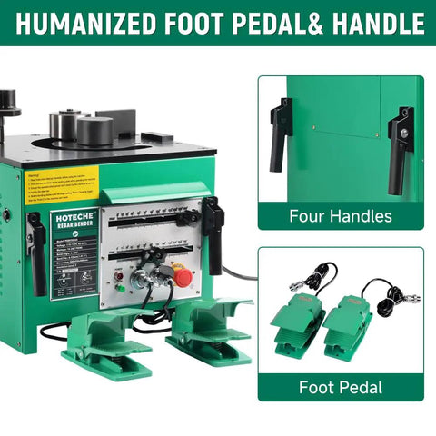 Professional 1700W Electric Hydraulic Rebar Bender With Foot Pedal showing four handles and foot pedal for easy use.