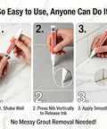 Instructions for using Tile Grout Repair Pen for Ceramic Tiles, showcasing how to shake, press, and apply on grout lines.