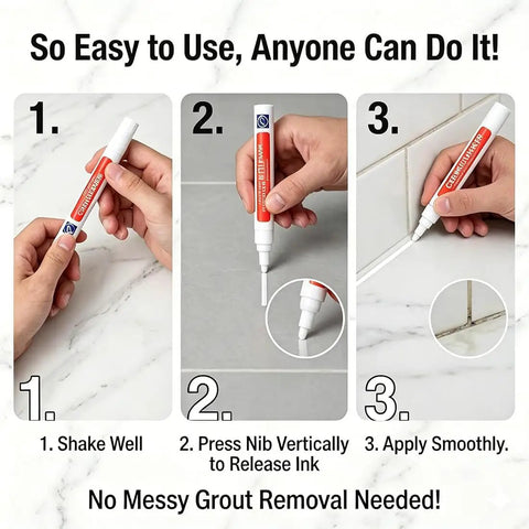 Instructions for using Tile Grout Repair Pen for Ceramic Tiles, showcasing how to shake, press, and apply on grout lines.