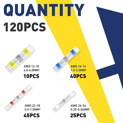 haisstronica 120PCS solder-seal wire connectors; marine-grade heat-shrink butt splices for various AWG sizes