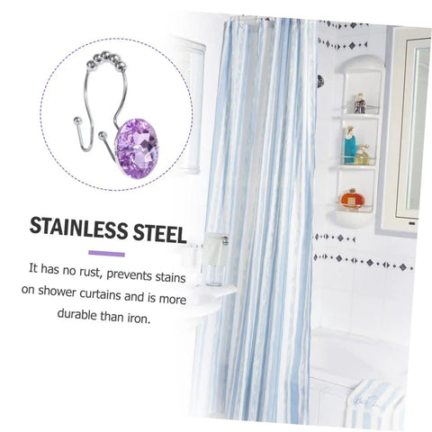 12-Piece Rust-Resistant Shower Curtain Hooks With Purple Rhinestones, Glide Double Hooks For Easy Hanging Of Shower Curtains And Liners