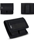Durable Camera Battery Pouch Case for 2 Batteries with Zipped Card Pocket, black polyester, belt strap attachment, three views