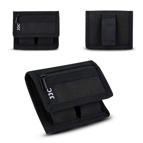 Durable Camera Battery Pouch Case for 2 Batteries with Zipped Card Pocket, black polyester, belt strap attachment, three views