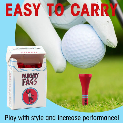 Eco Friendly Golf Tee Caddy Box With 20 Two And Three Quarters Inch Wooden Tees next to golf ball on grass