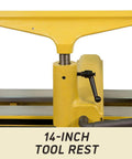 Powermatic woodworking lathe with yellow tool rest, front view