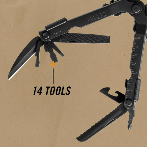14-In-1 Multitool With Needlenose Pliers, Serrated Knife, Wire Crimper, Bottle Opener, Can Opener And Screwdriver; tools spread open.