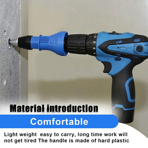 Rivet Gun Adapter Kit For Cordless Drill With Four Head Sizes 2.4mm 3.2mm 4.0mm 4.8mm attached to blue drill in use