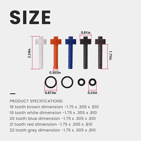 18 To 22 Tooth Speedometer Driven Gear Kit with size specifications displayed, includes five gears and O-rings.