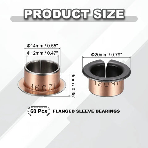 60 Pack Flanged Sleeve Bearings, 12Mm Bore X 14Mm Od X 9Mm Length, dimensions displayed for industrial use.