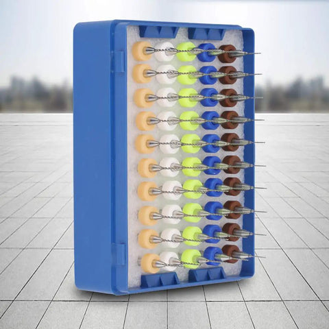 50 Pcs PCB Drill Bits Set 0.5-0.9mm Carbide Spiral Flute Pro Grade Bits in white plastic box on tiled surface