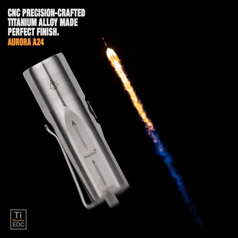 Titanium LED Flashlight 1000 Lumen EDC Pocket Light With Lockout Mode Rechargeable 7 Modes, showing AURORA A24 branding.