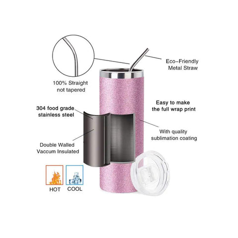 4 Pack 20 Oz Glitter Pink Sublimation Tumblers Skinny With Straws Ready For Custom Designs, Premium Stainless Steel, Double Wall Insulated, Bright Print Quality, Gift Box Set