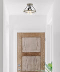 14-Inch 3-Light Rustic Farmhouse Flush Mount Ceiling Light With Metal Shade In Smoked Birch Finish, Open Shade Design installed in hallway