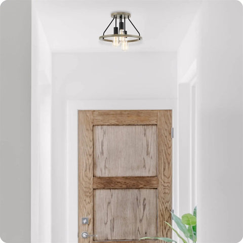 14-Inch 3-Light Rustic Farmhouse Flush Mount Ceiling Light With Metal Shade In Smoked Birch Finish, Open Shade Design installed in hallway