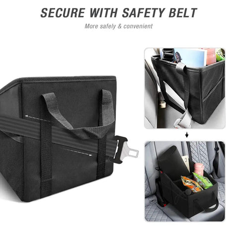 Backseat Car Organizer For Front And Rear Seats Collapsible Storage With Cup Holders secures with seat belt in cars and SUVs