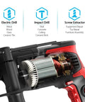 Detailed view of 850W Corded Hammer Drill With 1/2 Inch Chuck, showing electric and impact drill functions, and internal motor