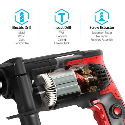 Detailed view of 850W Corded Hammer Drill With 1/2 Inch Chuck, showing electric and impact drill functions, and internal motor