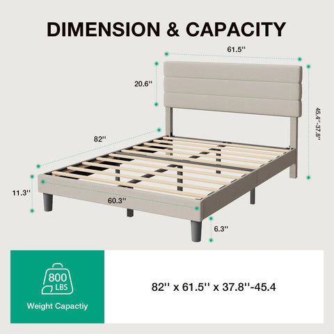 Cozy Queen Bed Frame With Upholstered Linen Headboard Heavy Duty Wood Slats Fast Ship To Your Doorstep Quick Unbox Chill Setup Truly Zero Box Spring Nonsense Premium Steel Rails Beige Vibes with dimensions and weight capacity