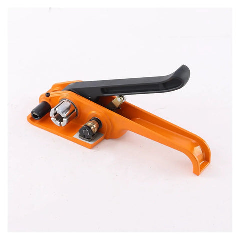 Heavy Duty Industrial Pet Strapping Machine Kit With Auto Cut Tensioner And Sealer showing orange tensioner with black grip.
