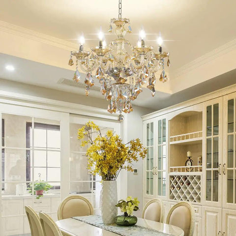 Modern K9 Crystal Chandelier In Cognac Finish, Six Lights, E12 Base Candle Crystal Pendant Lighting Fixture in dining room