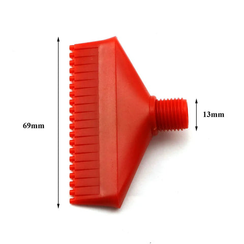 Five Piece Wind Jet Air Nozzle Set For High Power Airflow With Flat Fan Spray Nozzles And Water Cooling Spray ABS Plastic Nozzles Includes Quarter Inch Connectors Great For Spray Blowing And DIY Projects, close-up of single red nozzle showing dimensions.