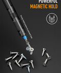 Close-up of 68 In 1 Magnetic Ratchet Screwdriver Set With T Handle And S2 Steel Bits picking up screws with magnetic tip.
