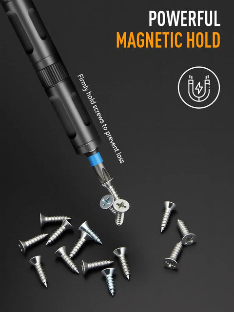 Close-up of 68 In 1 Magnetic Ratchet Screwdriver Set With T Handle And S2 Steel Bits picking up screws with magnetic tip.