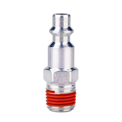 1/4 in NPT air quick-connect plug, chrome-plated metal with red gasket, front view