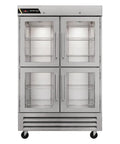 Top Shelf Heavy Duty Commercial Reach In Refrigerator With Split Glass Doors 49 Inch Two Section Design featuring epoxy coated shelves and four glass doors.