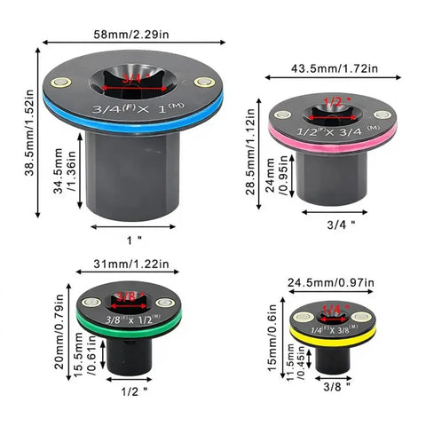 Complete 4-Piece Impact Socket Adapter Set With Magnetic Drive Ratchet Converter Kit For Tight Spaces, Covers 1/4 To 3/8 And Up To 1 Inch Cr-Mo Steel Automotive Repair Tools You Need Now. Size chart of four Cr-Mo steel magnetic socket adapters, 1/4, 3/8, 1/2, 3/4, and 1 inch drives