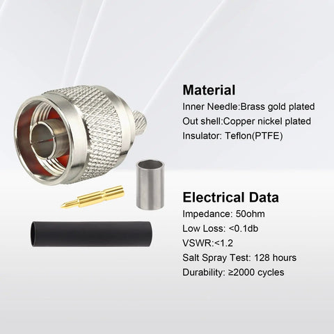 10 Pack N Male Crimp Connector For RG8X LMR240 coax with brass needle and nickel copper plating