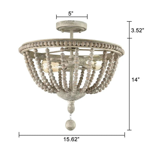 Modern Farmhouse Semi Flush Mount Ceiling Light With Wood Bead Shade Open Bowl Frame Boho Chic Warm Glow Easy Install