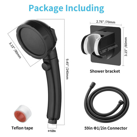 Package components of High Pressure Handheld Shower Head For RV With Hose And One Touch On Off Stop Button Detachable Shower Head.