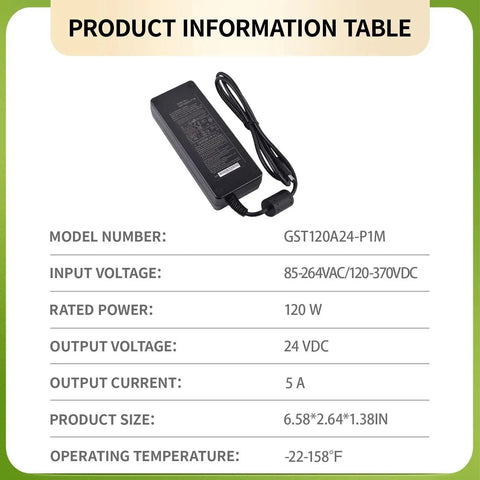 120W 24V Power Supply With Active PFC PF Above 0.93 High Efficiency To 89.5 Percent Energy Saving For Nonstop Round The Clock Use Rock Solid Overload Protection From 105 To 160 Percent Rugged Circuit Safeguards For Demanding Projects, black adapter with cable