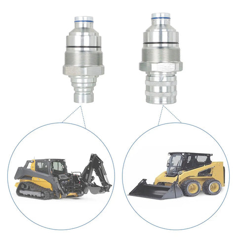 Heavy Duty Hydraulic Coupler Kit With Male And Female Flat Face Quick Connect Set For 4BD4FH 48MM Thread, shown with skid steer loaders.