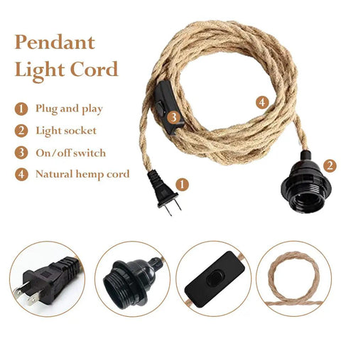Dope Bamboo Pendant Light With Plug In Cord And Switch, showing hemp-wrapped cord and light socket components.