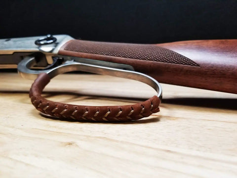 Handcrafted Large Loop Leather Lever Wrap Set for Handguns Light Brown Cowhide With Sinew Waxed Thread on rifle